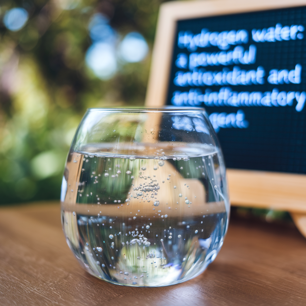 A glass of hydrogen-infused water with tiny bubbles rising, placed on a wooden surface. In the blurred background, a small chalkboard with text about the antioxidant and anti-inflammatory benefits of hydrogen water is visible, surrounded by greenery.