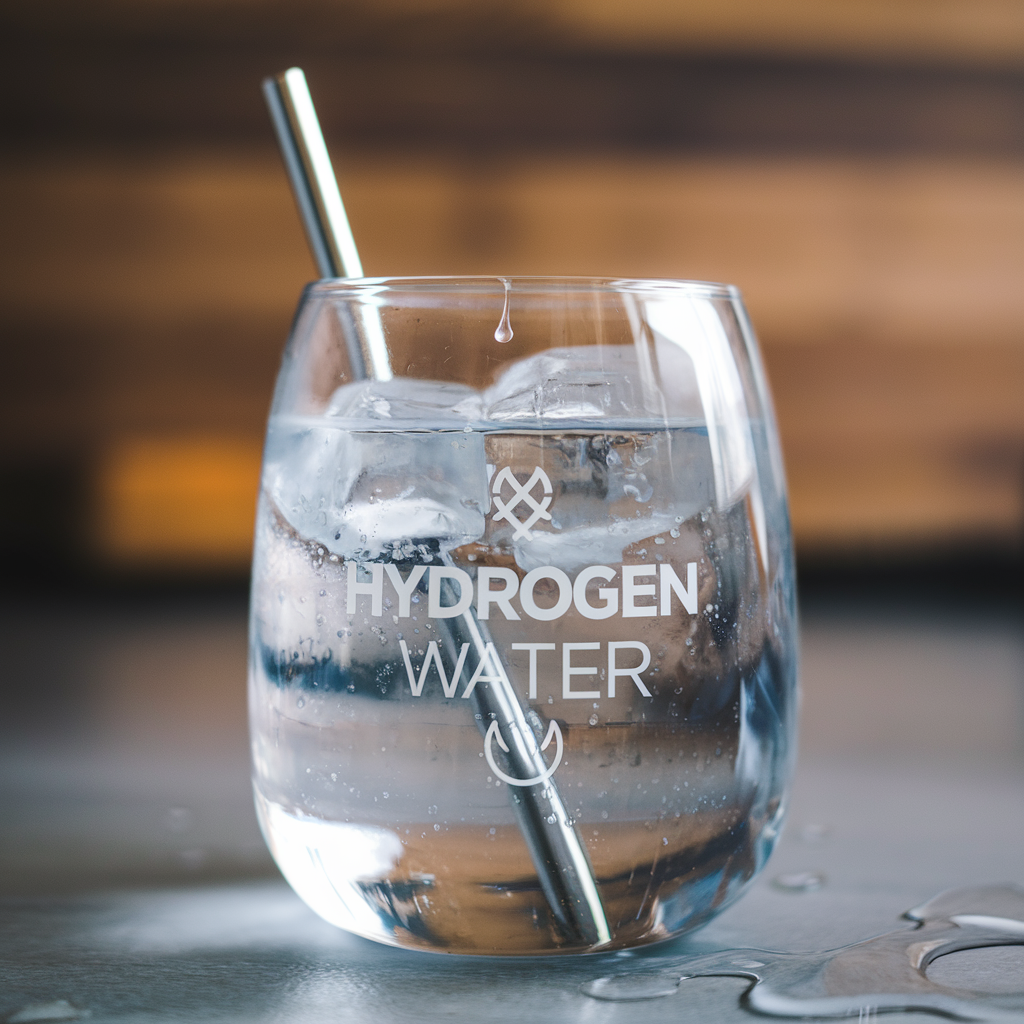 A stylish glass filled with hydrogen water and ice, with visible bubbles rising. The glass has “HYDROGEN WATER” printed on it and features a sleek metal straw. The background is a warm, wooden surface with soft lighting, creating a modern and refreshing aesthetic.