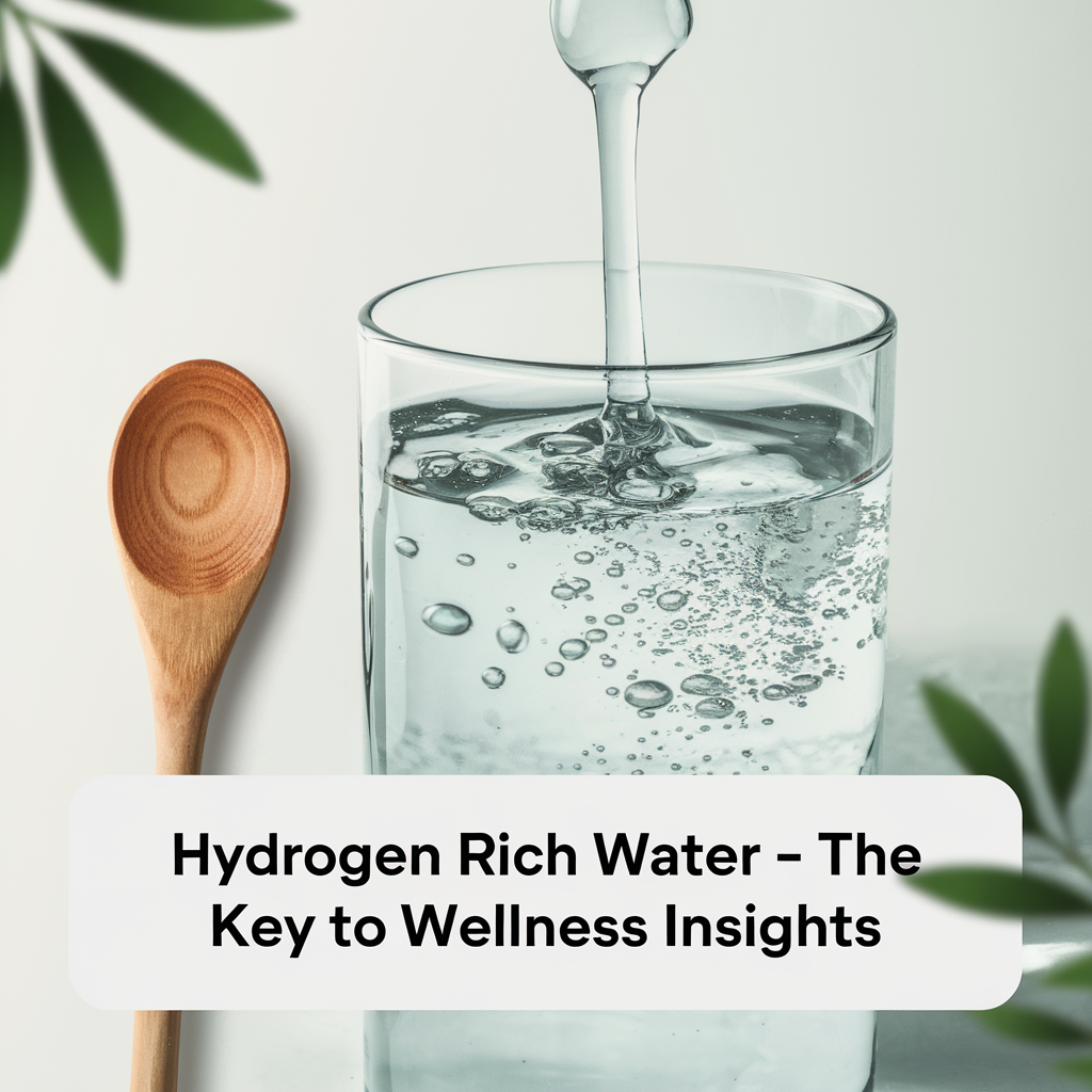 A glass of hydrogen-rich water with visible bubbles, as water is being poured in. A wooden spoon rests beside the glass, with green leaves softly framing the scene. A clean, modern text overlay reads, “Hydrogen Rich Water – The Key to Wellness Insights.”