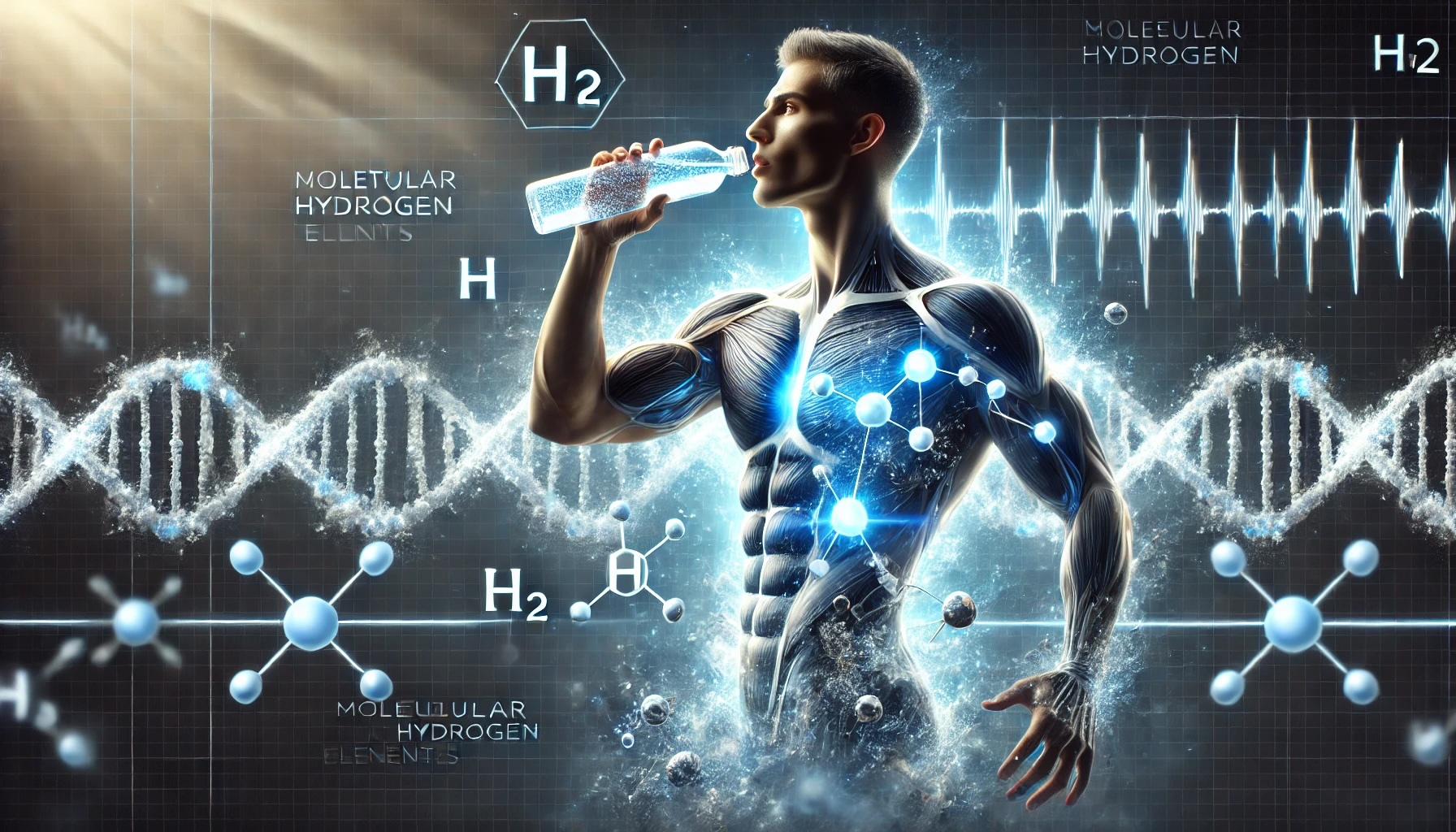 A futuristic athlete drinking hydrogen water, surrounded by a glowing aura with blue energy waves, symbolizing cellular protection, vitality, and recovery.