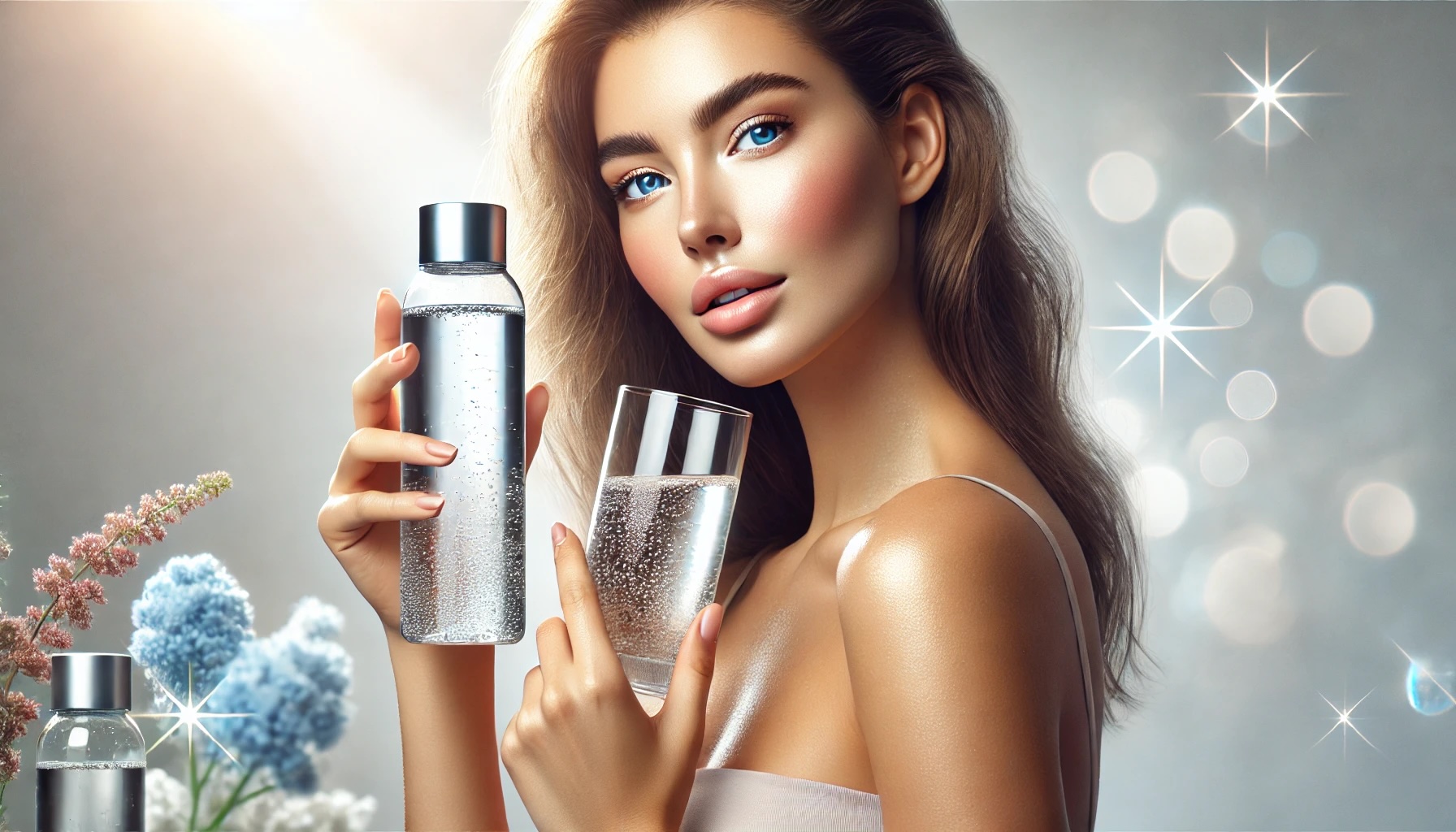 Radiant woman with flawless, glowing skin drinking hydrogen water from a sleek bottle, with a soft, airy background symbolizing hydration and purity.