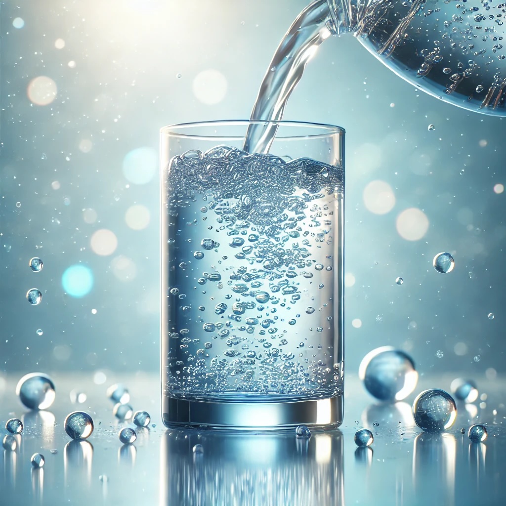A refreshing glass of pure water being poured, with visible hydrogen bubbles rising, symbolizing hydration and wellness. The scene is set in a bright, clean environment with soft blue tones and gentle light reflections.